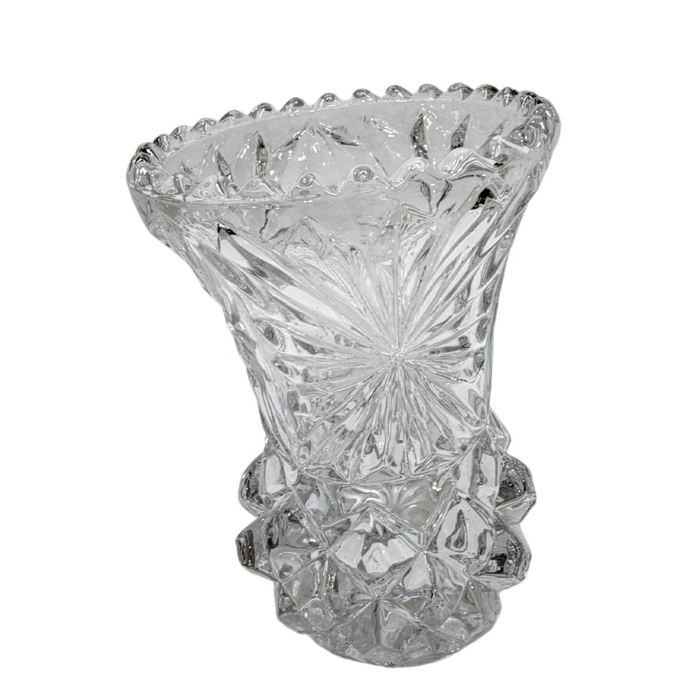 Vintage‎ Clear Cut Crystal Glass Bud Vase Pinwheel Diamond Starburst 5 Inch